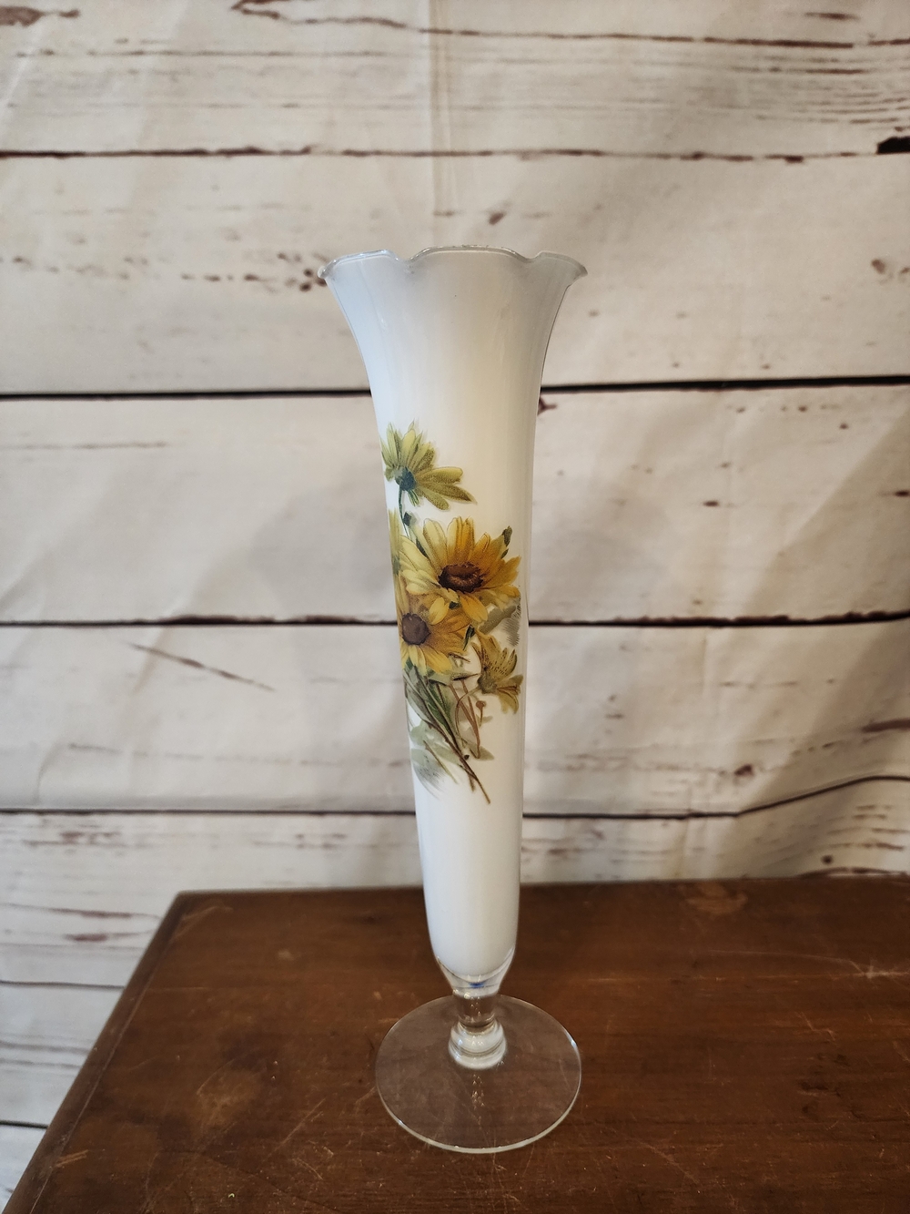 Hand-Painted White Glass Flower Vase with Yellow Floral Motif